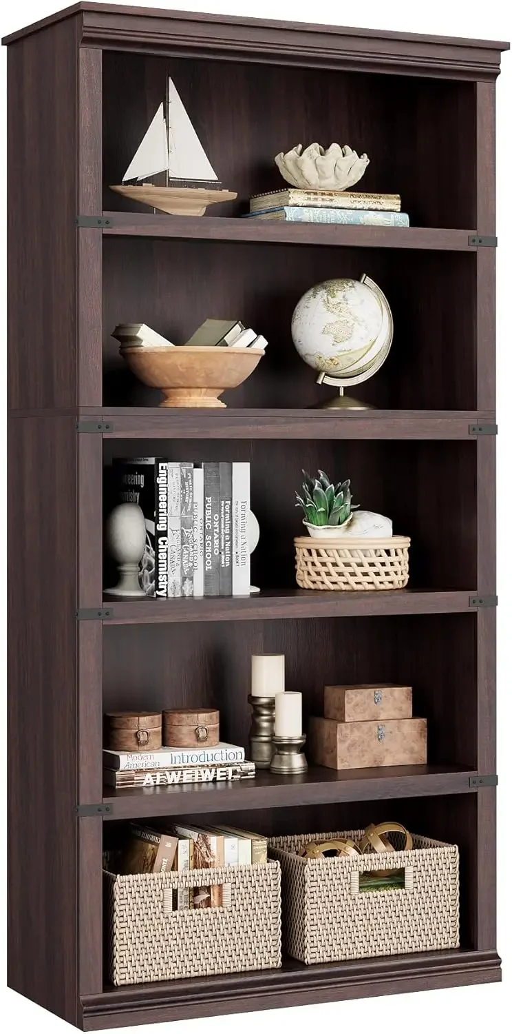 5 Tier Bookcase, Farmhouse Book Shelf with Storage, 71