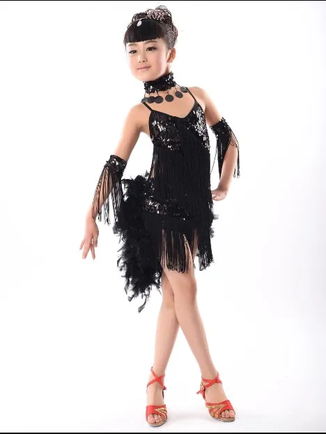 Robe de danse latine professionnelle pour enfants, robe de concours de danse de salon pour filles, robe de danse Suladin à nouveau flux de plumes à paillettes