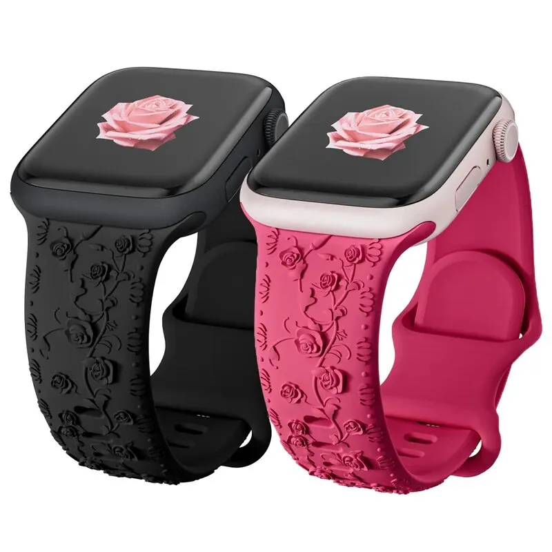 Floral Engraved Strap for Apple Watch Band 45mm 44mm 42mm 40mm 41mm 49mm Silicone Bracelet iWatch Series 8 7 6 9 SE ultra 5 4 3
