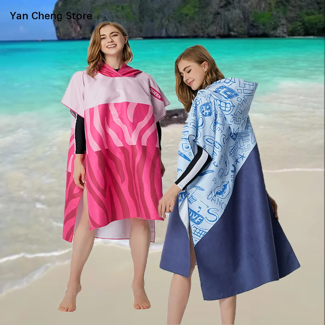 

Пляжный халат-пончо для взрослых из ультратонкого волокна с капюшоном, быстросохнущий, впитывающий, двусторонний плюшевый с принтом