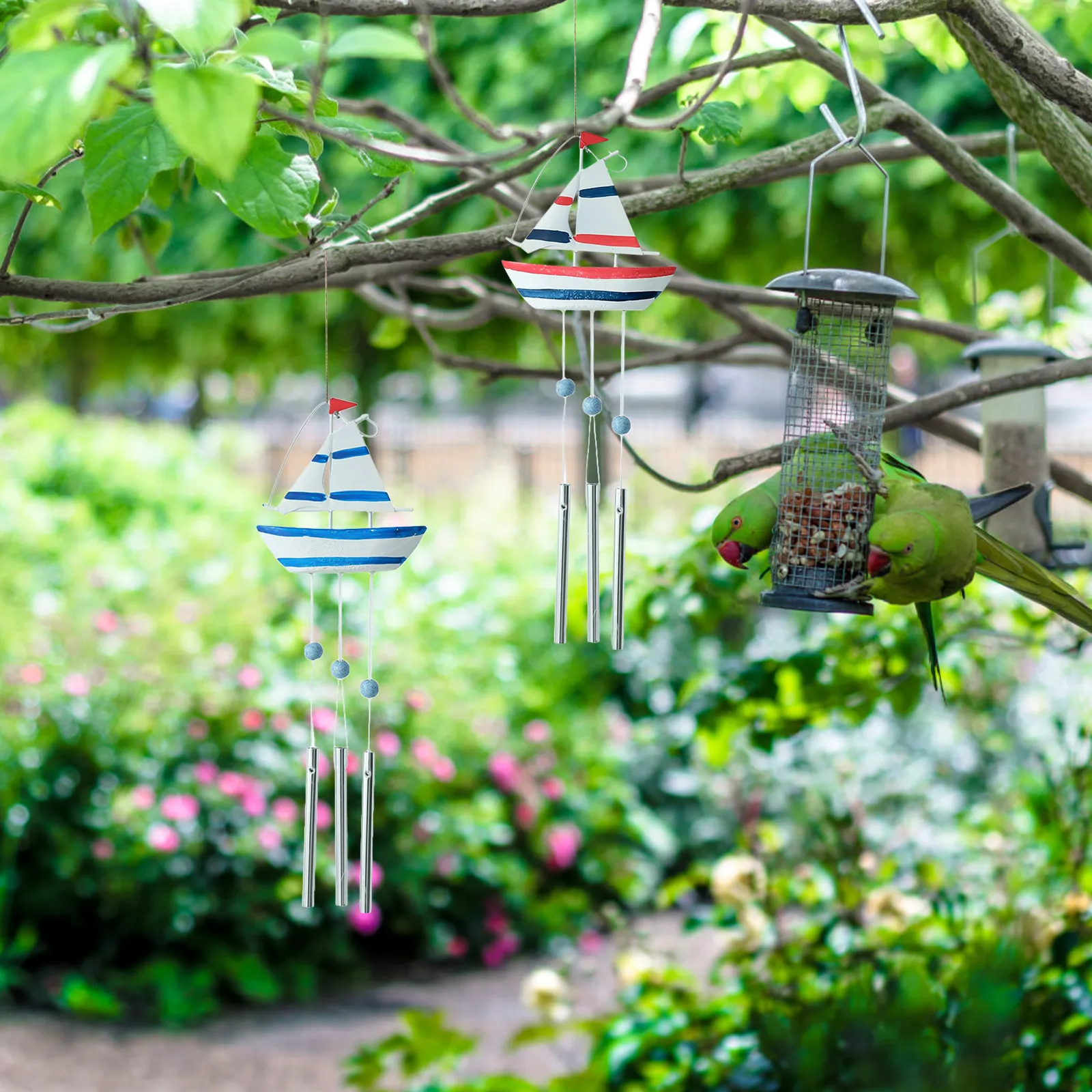 2Pcs Rustic Wooden Sailboat Wind Chimes Mediterranean Nautical Outdoor Garden Hanging Ornaments Balcony Porch Patio Wind Bell