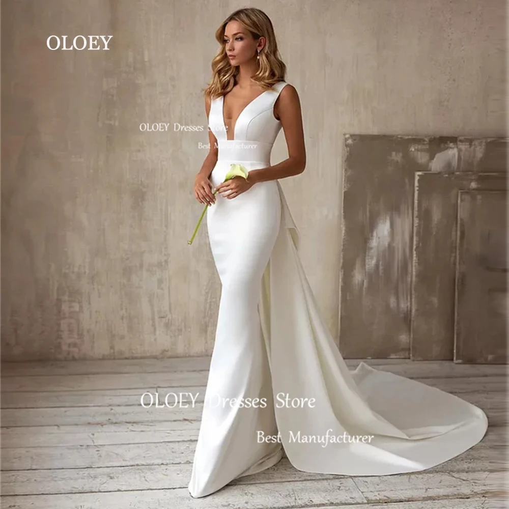 

OLOEY Vintage Ivory Mermaid Wedding Dresses Photoshoot Pleated V Neck Satin Bridal Gowns Floor-Length Free Custom Lace Up/Zip