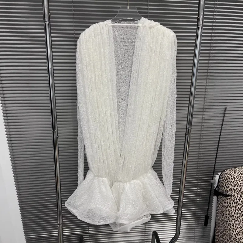 HKSH 2026 Spring Summer New Women's Short Dress O-neck Long Sleeve T-shirt Shorts Pleated Mesh Lace Elegant Sexy Dresses HK18092