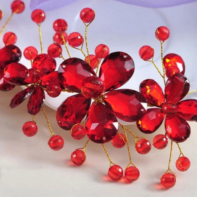 Red Color Crystal Flower Headband Hairband Tiara For Women Rhinestone Bridal Wedding Hair Accessories Jewelry Headband Hairband