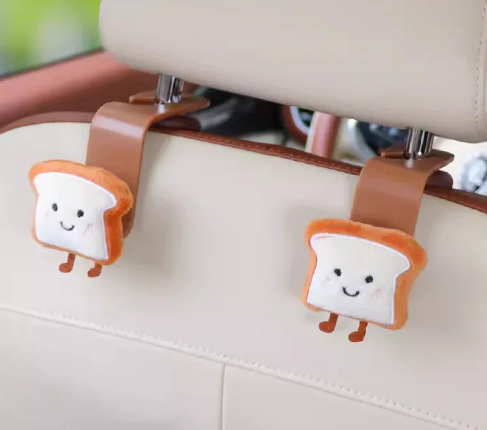 Cute Toast Plush Bread Car Hooks Creative Seat Back Hooks Multifunctional Storage Hooks Car Interior Decoration Accessories