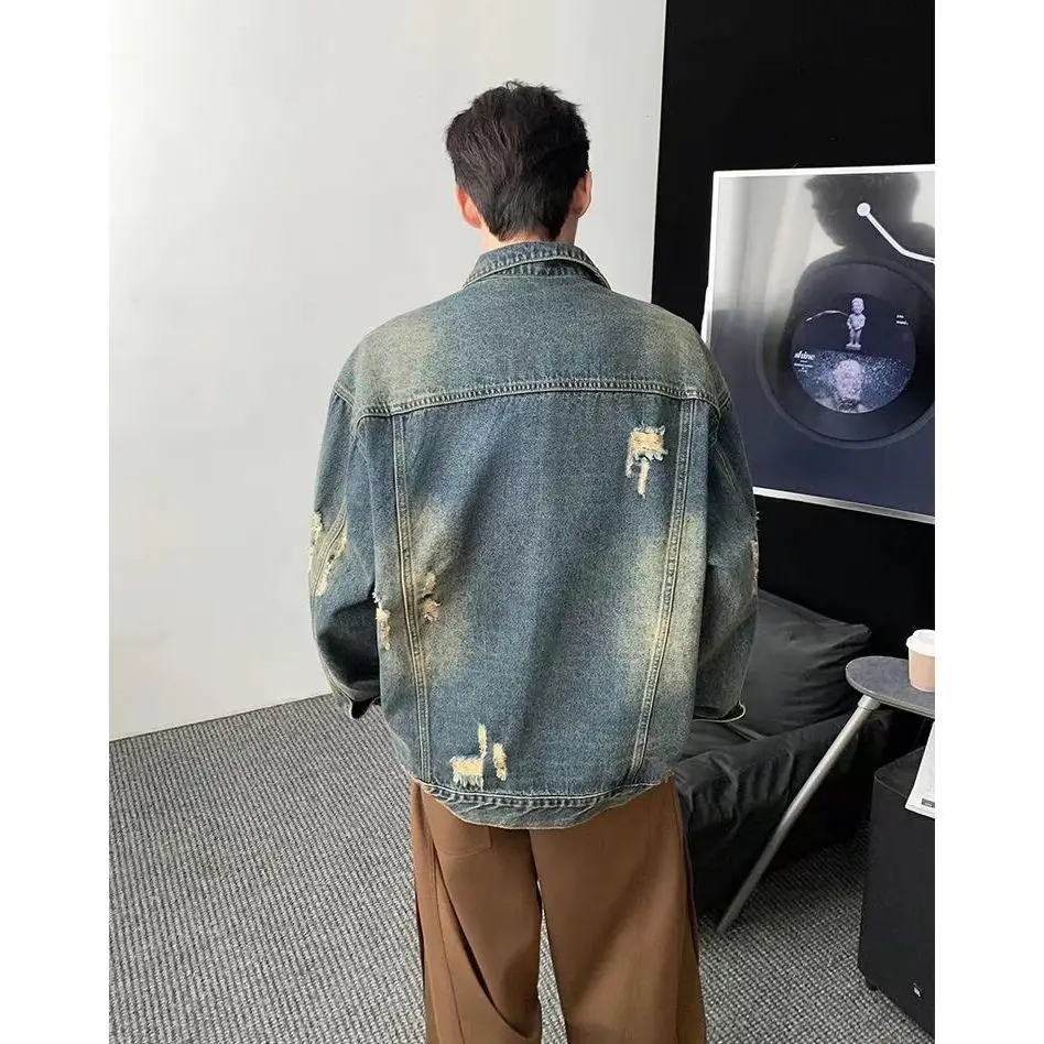 جاكيت دينيم أمريكي الطراز ممزق ثقيل الوزن للجنسين، مناسب للربيع والخريف، بتصميم عصري أنيق، ياقة رائعة، مناسب للأزواج، قصة فضف...