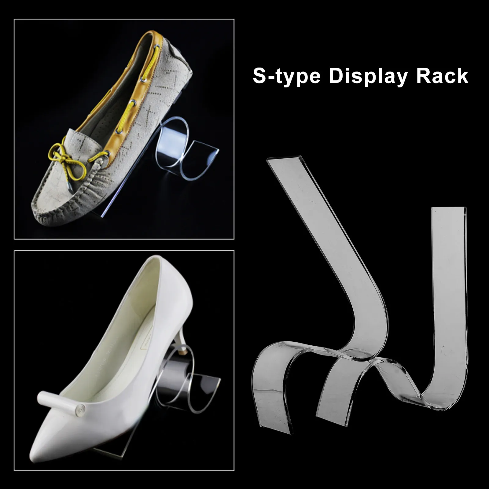 2Pcs Transparent Acrylic High Heels Display Rack S-Shape Elegant Shoe Holder for Supermarket Shop Home Office Visual Display