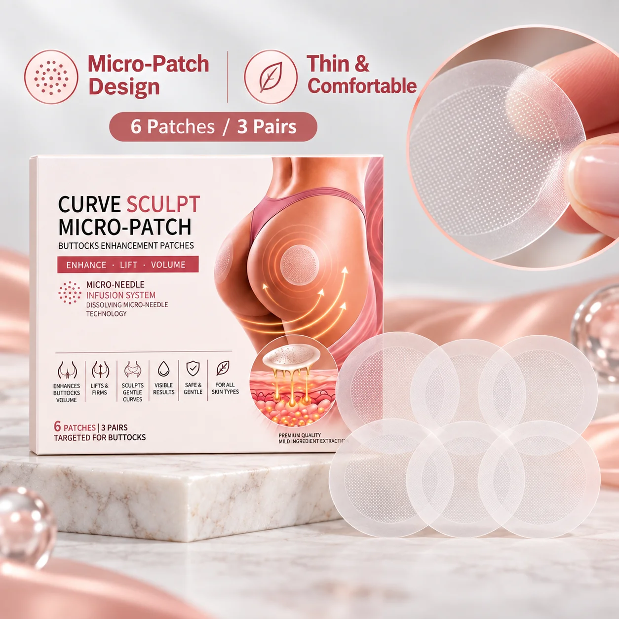 Buttock Micro Needle Patches In A Six Piece Box With Three Pairs Of Dissolving Patches Designed For Application To Buttock Area