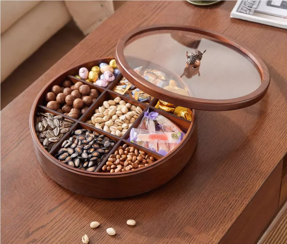 Chinese New Year wooden dried fruit box household Chinese New Year Jiugong grid living room New Year full box candy box storage