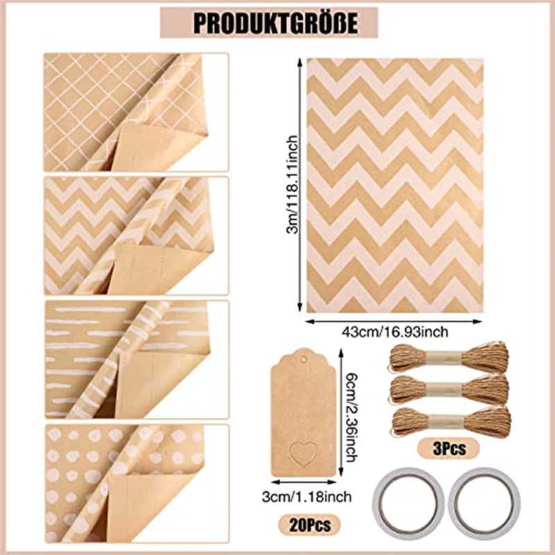 A59E-4 لفة ورق التغليف، ورق التغليف دور 43 × 300 سم / مجموعة ورق التغليف مع 2 أشرطة لاصقة 3 حبال 20 ورق كرافت