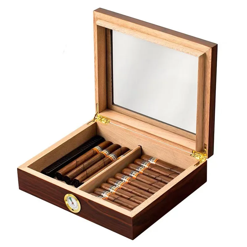 Wooden Clamshell Cigar Humidor Portable Compartment Cigar Storage Transparent Glass Cover Display