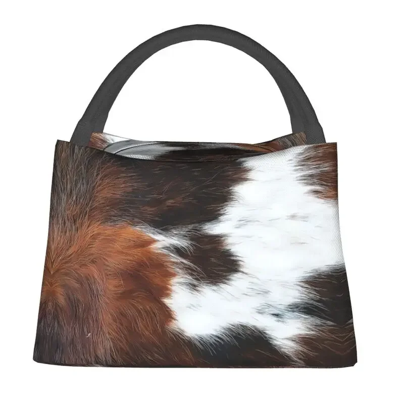 Scottish Highland Cow Cowhide Texture Thermal Insulated Lunch Bag Animal Hide Leather Lunch Container For Picnic Meal Food Box