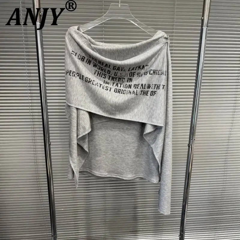 

ANJY Summer New Women American Style Casual Irregular Niche Slash Neck Long Sleeve T-shirt Ins Letter Print Patchwork Top A23804