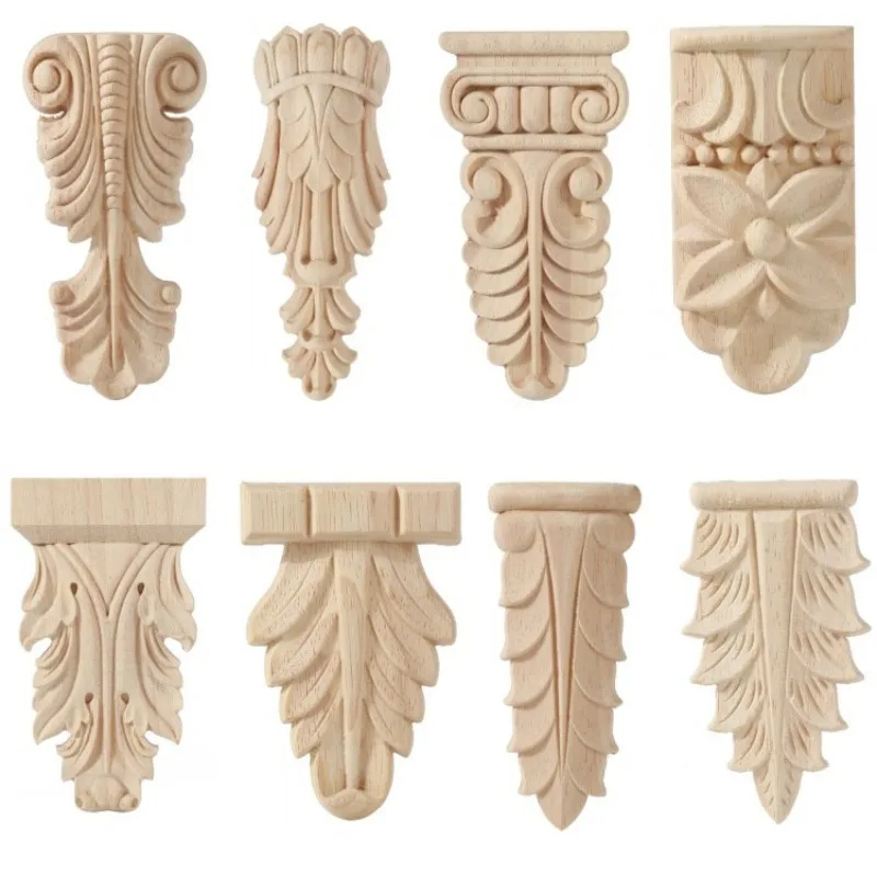 Flower Wood Carving Natural Wooden Appliques for Furniture Cabinet Unpainted Wooden Mouldings Decal Decorative Figurine