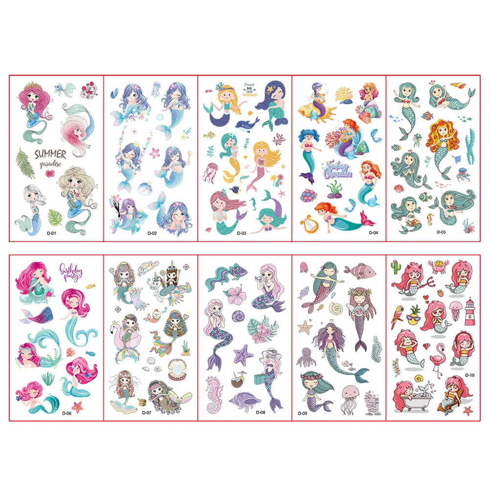 10 Pcs/Set Mermaid Tattoo Stickers for Children Temporary Tattoo Kids Face Body Arm Cute Tattoo Sticker