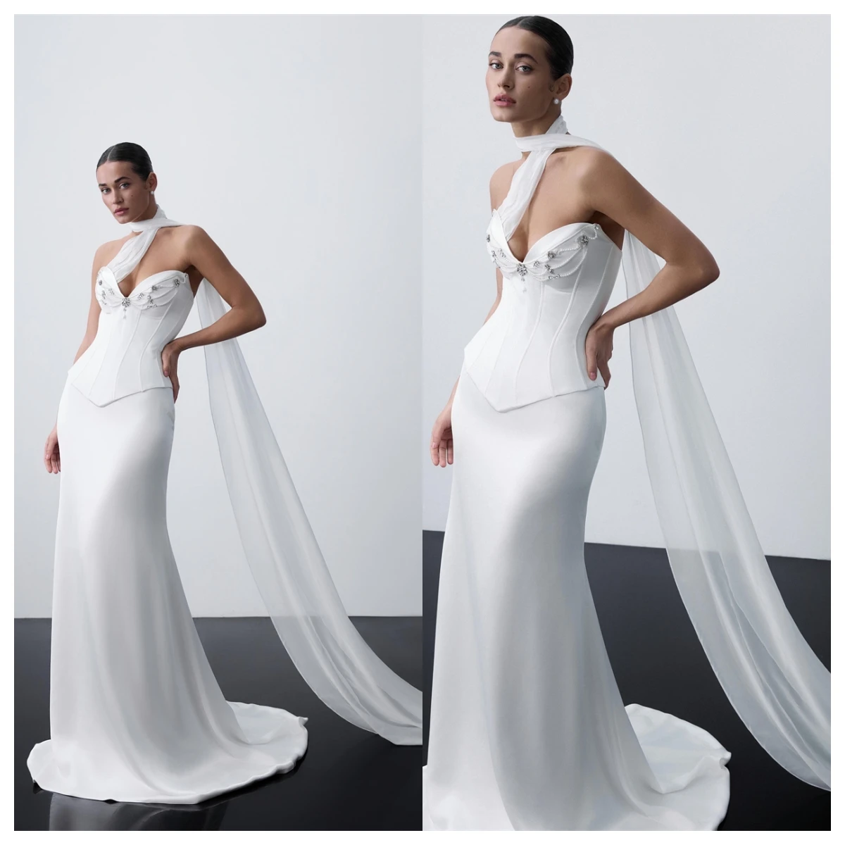 

Customized Classic White Satin Evening Dress Mermaid Strapless Sleeveless Crystal Celebrity Gowns Pearls Bridal Party Delicate