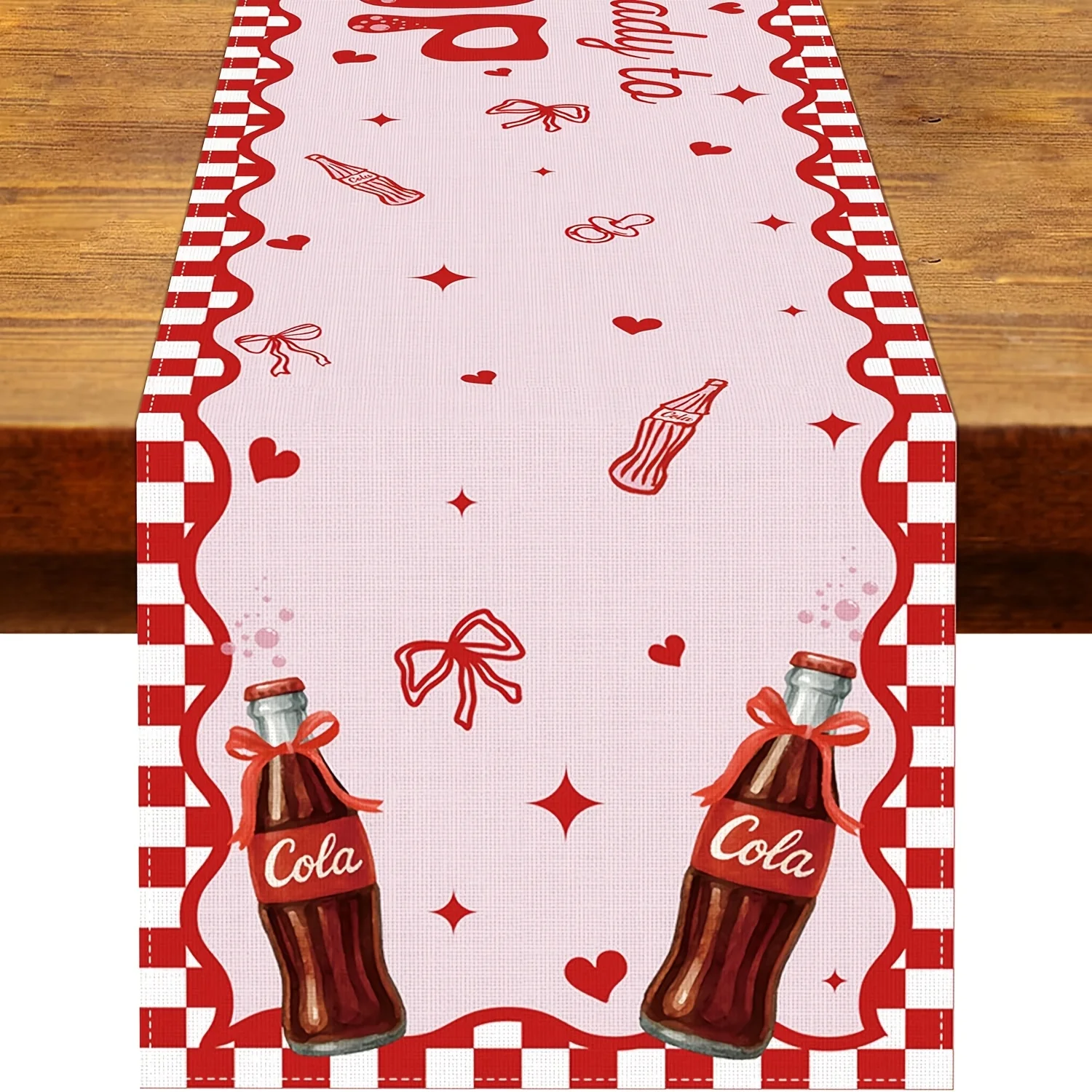 1 Piece of Table Runner with a Vintage Red Bow and Nostalgic Soda and Cola Print, Suitable for Farmhouse, Indoor, Kitchen, Celebrations, Table Decoration, Restaurant, and Banquet Decoration Supplies