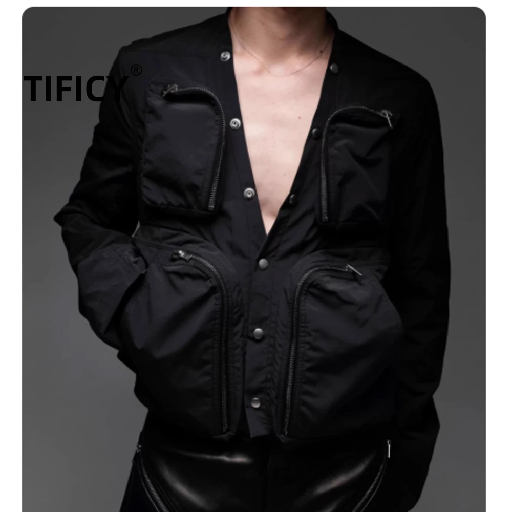 

High Street Dark RO Black Jacket Coat Men's Multifunctional Projectile Tactical Functional Zipper Multi Pocket Streetwear Jacket