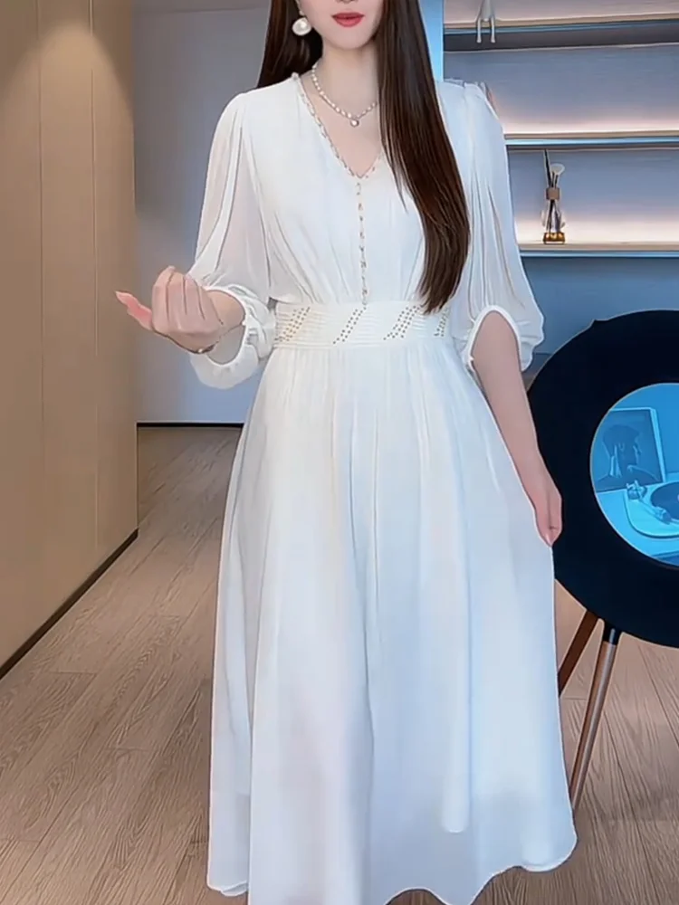 

Новая женская длинная юбка макси с V-образным вырезом, больших размеров, модный корейский дизайн, стройнящий крой, для повседневной носки, летняя коллекция