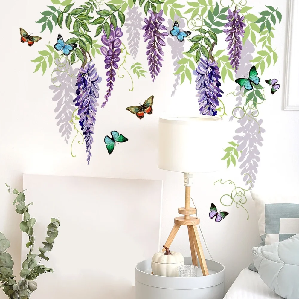 Wisteria Flower Butterfly Wall Stickers Creative Decorative Wall Stickers for Living Room and Bedroom Self-adhesive