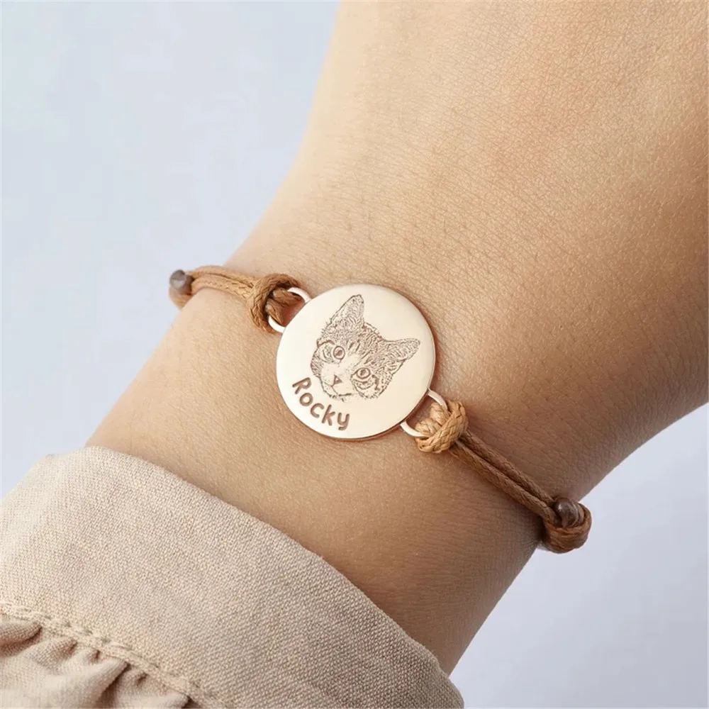 Adjustable Cat Dog Picture Leather Bracelets Custom Pet Portrait Round Pendant Bracelet Lost Memorial Gift For Pet Lovers