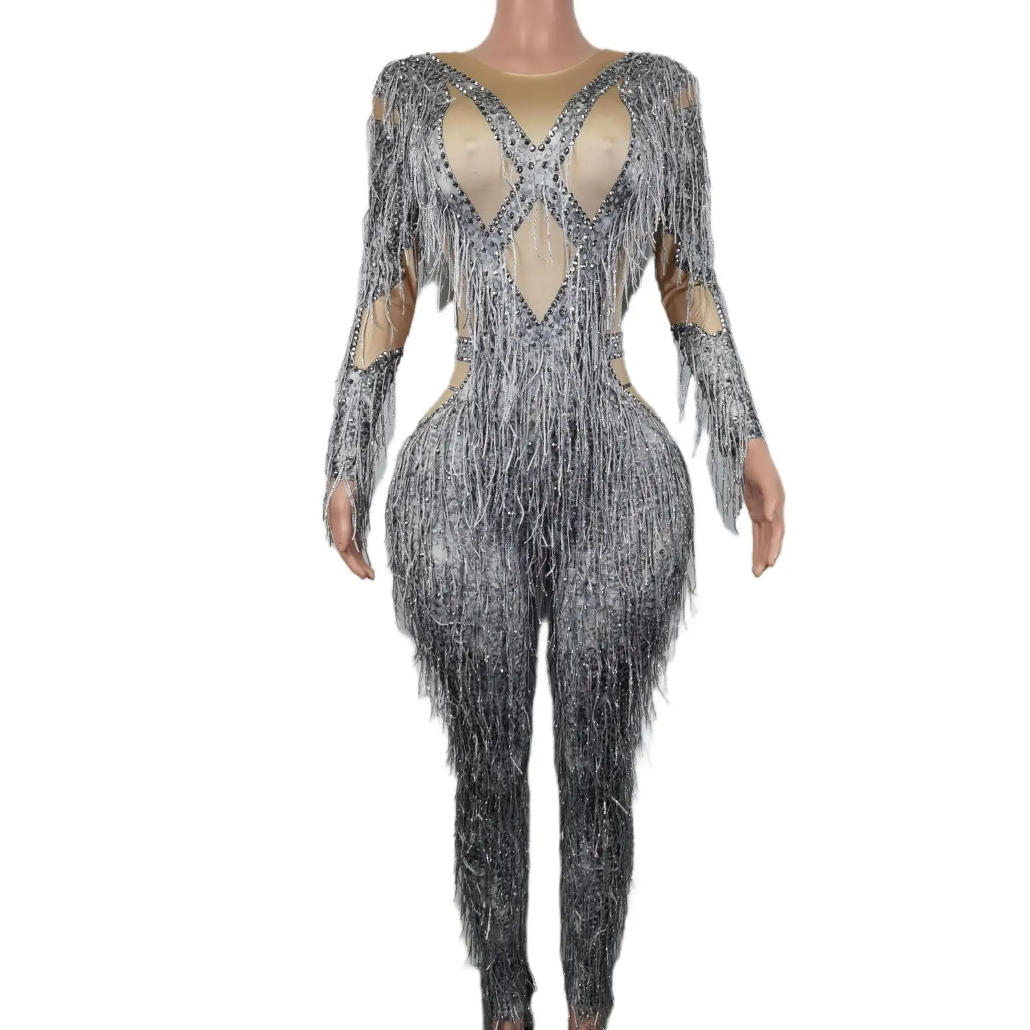 Rhinestones Tassel Jumpsuit Backless Long Sleeve Bodycon Ladies Nightclub Performance Outfit Dance Evening Party Costume Huihuzi