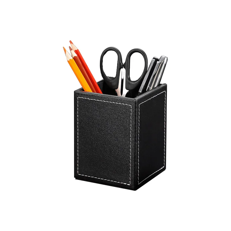 Leather Pencil Holder Creative Student Stationery Office Simple Square Pencil Case Desk Organizer Black Business