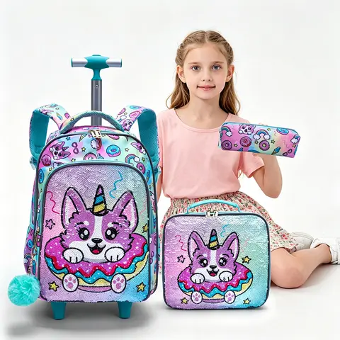 3PCS Kids Travel Bag, Luggage Bag, Bookbag with Wheels, Lunch Box and Pen Bag, Green Puppy Sequin, Nighttime Reflective