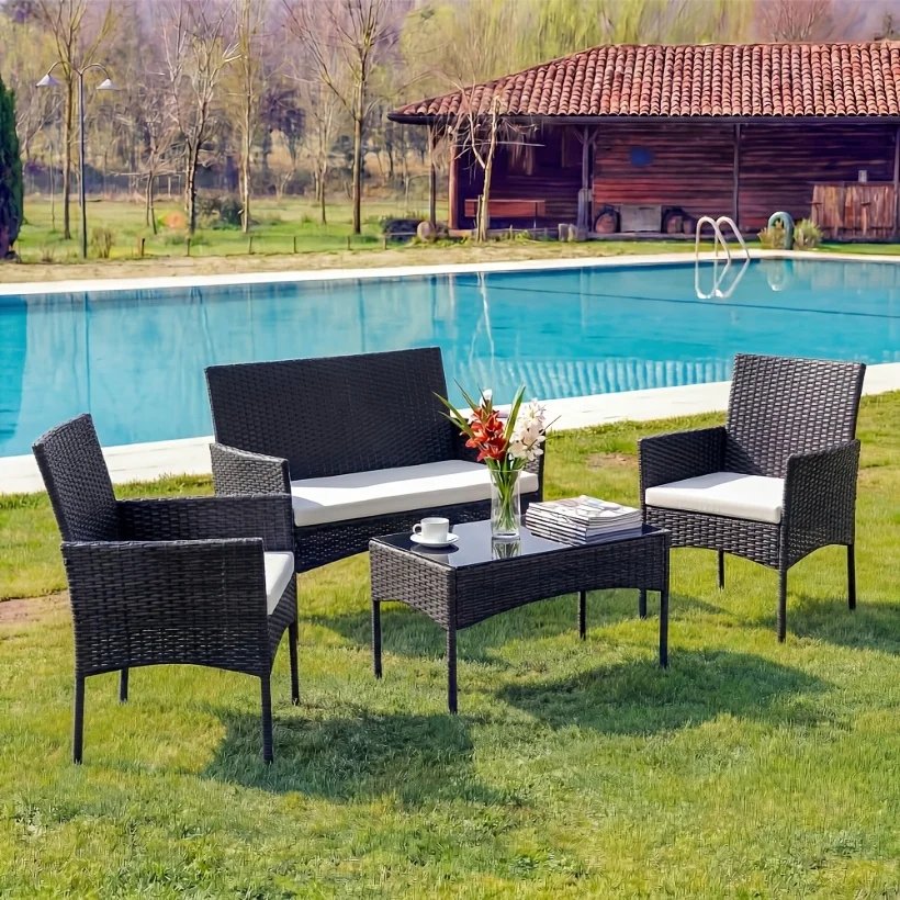 

Patio Furniture Set 4 Pieces, Outdoor Wicker Furniture with Coffee Table, Modern Rattan Patio Chairs Conversation Sets with Sofa