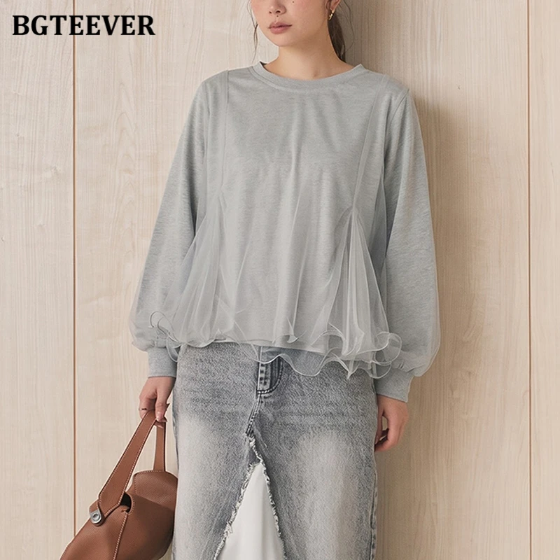 BGTEEVER Women's Long-Sleeve Sweatshirt Faux-Layered with Wavy-Edge Mesh Tops Spring Autumn