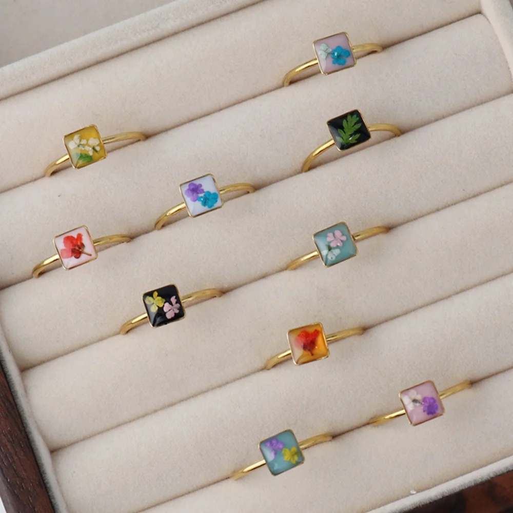 Wency Stainless Steel Dried Flower Square Ring For Women Eternal Flower Open Finger Ring Jewelry Wedding Band Gift Wholesale New