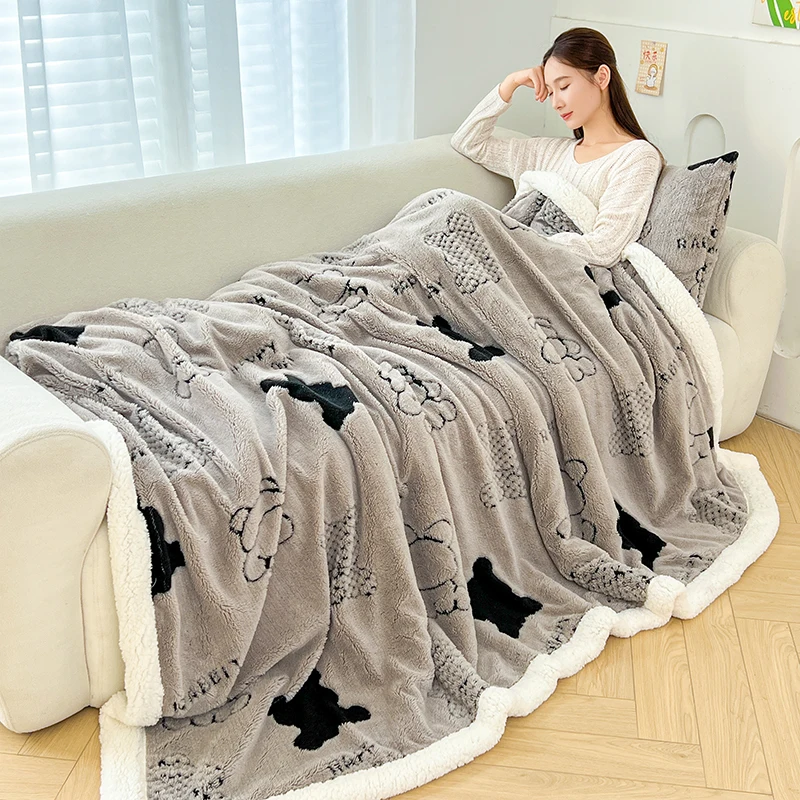 Double Layer Bear Printed Thick Fleece Blanket Autumn Winter Warm Sofa Throw Blanket Single Double Bed Blanket and Pillow Cases