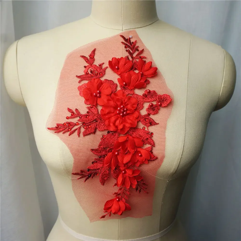 ウェディングドレスの装飾のための刺繍された生地、3Dフラワービーズ、ラインストーンのアップリケ、メッシュ縫製パッチ、DIYドレス、白、青、赤