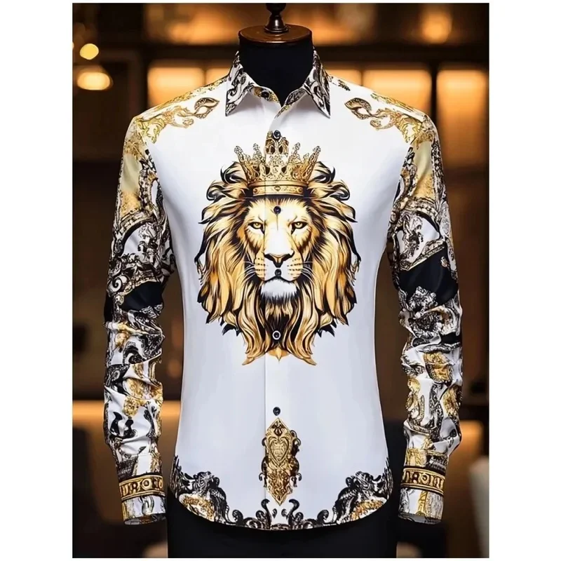 Men's Lion 3D Printed Shirt Long Sleeved Shirt Baroque Style Suitable for Casual and Versatile Social Gatherings