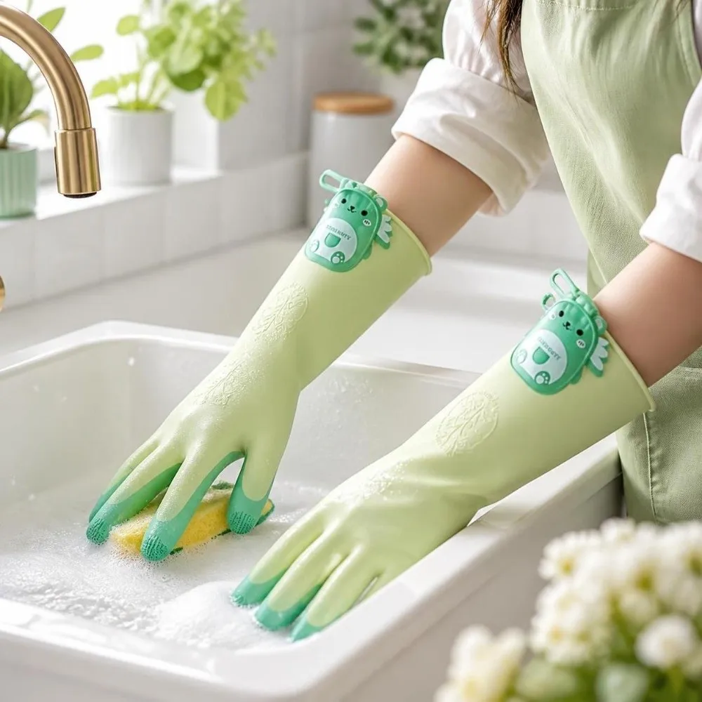Non-Slip Dishwashing Gloves Cartoon Bear Hanging Household Gloves Reusable Tear-Resistant Kitchen Cleaning Gloves Laundry