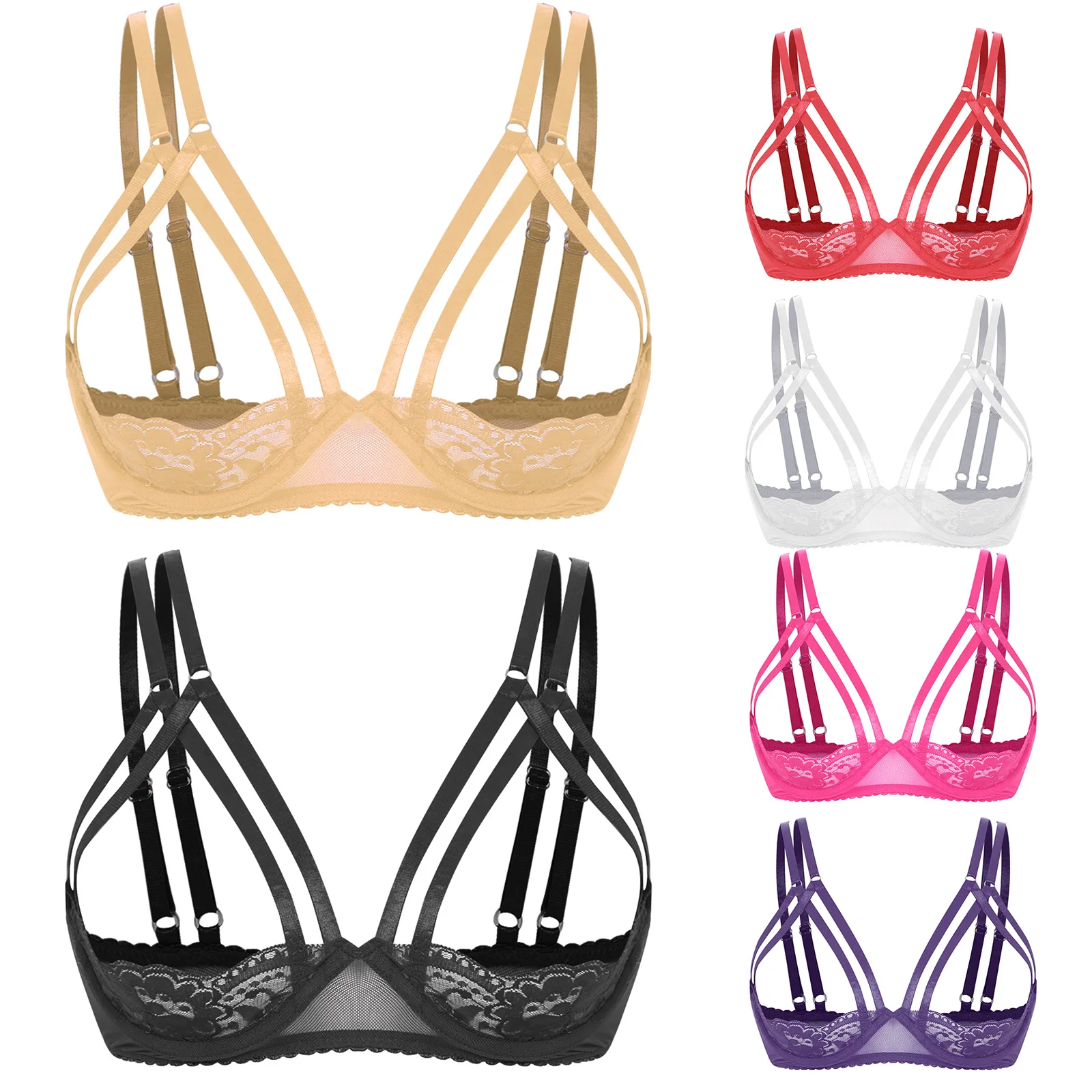 Womens 1/4 Lace Cups Bra Lingerie Underwired Double Shoulder Straps Push Up Balconette Tops for Dating Night Rave Party