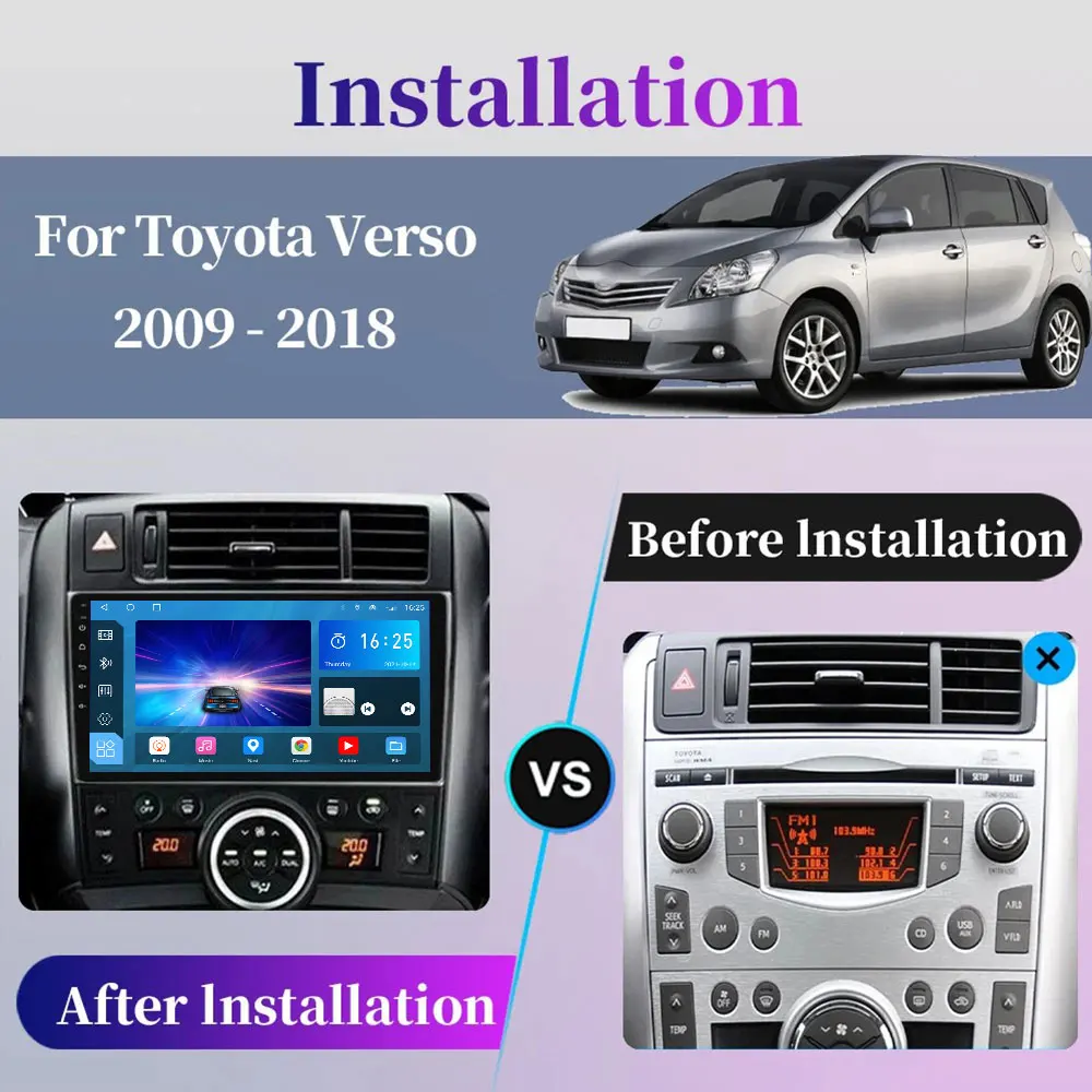 Car Radio Android 14 For Toyota Verso EZ E'Z 2006-2009 2010 2011 2012-2018 GPS Multimedia Player Carplay Navigation Stereo Audio