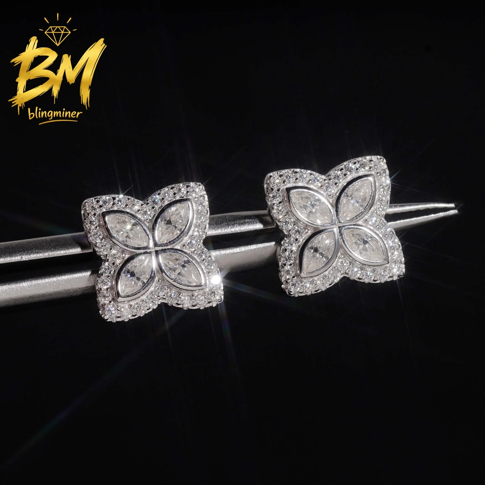 Blingminer Iced Out Clover VVS Moissanite Earrings For Men Women S925 Silver Ear Studs Jewelry Pass Diamonds Tester GRA