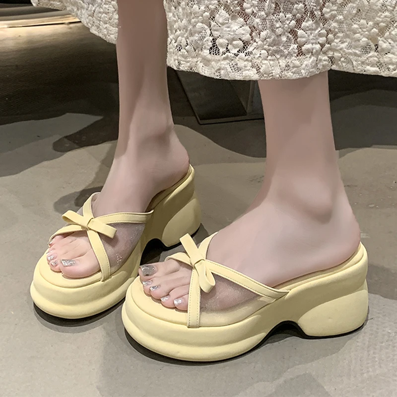 

Женские шлепанцы на высоком каблуке, модная обувь на массивном каблуке с бантом, летние сандалии на платформе, 2021, женские шлепанцы, повседневные сандалии De Mujer