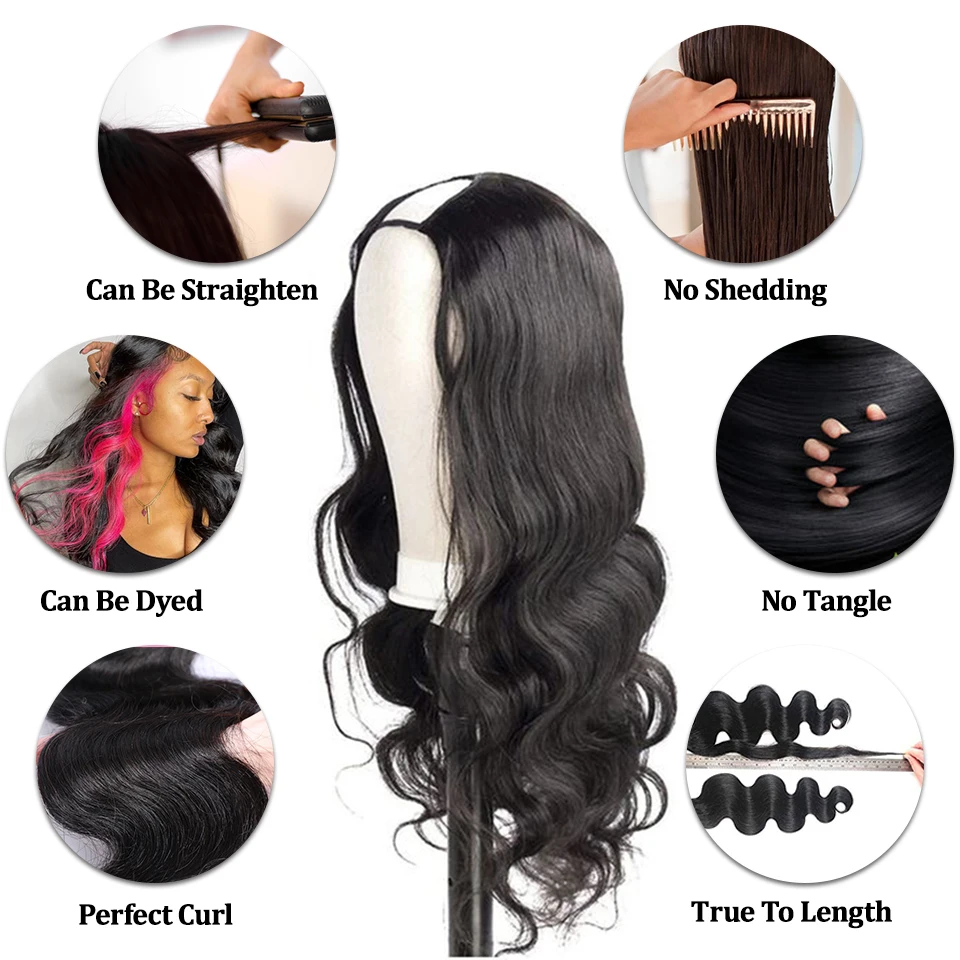 Парики Megeen U-образной формы, волнистые, маленькие, не оставляющие следов человеческие волосы, без клея, без пришивания, парики, перуанские натуральные волосы 18-30 дюймов для женщин