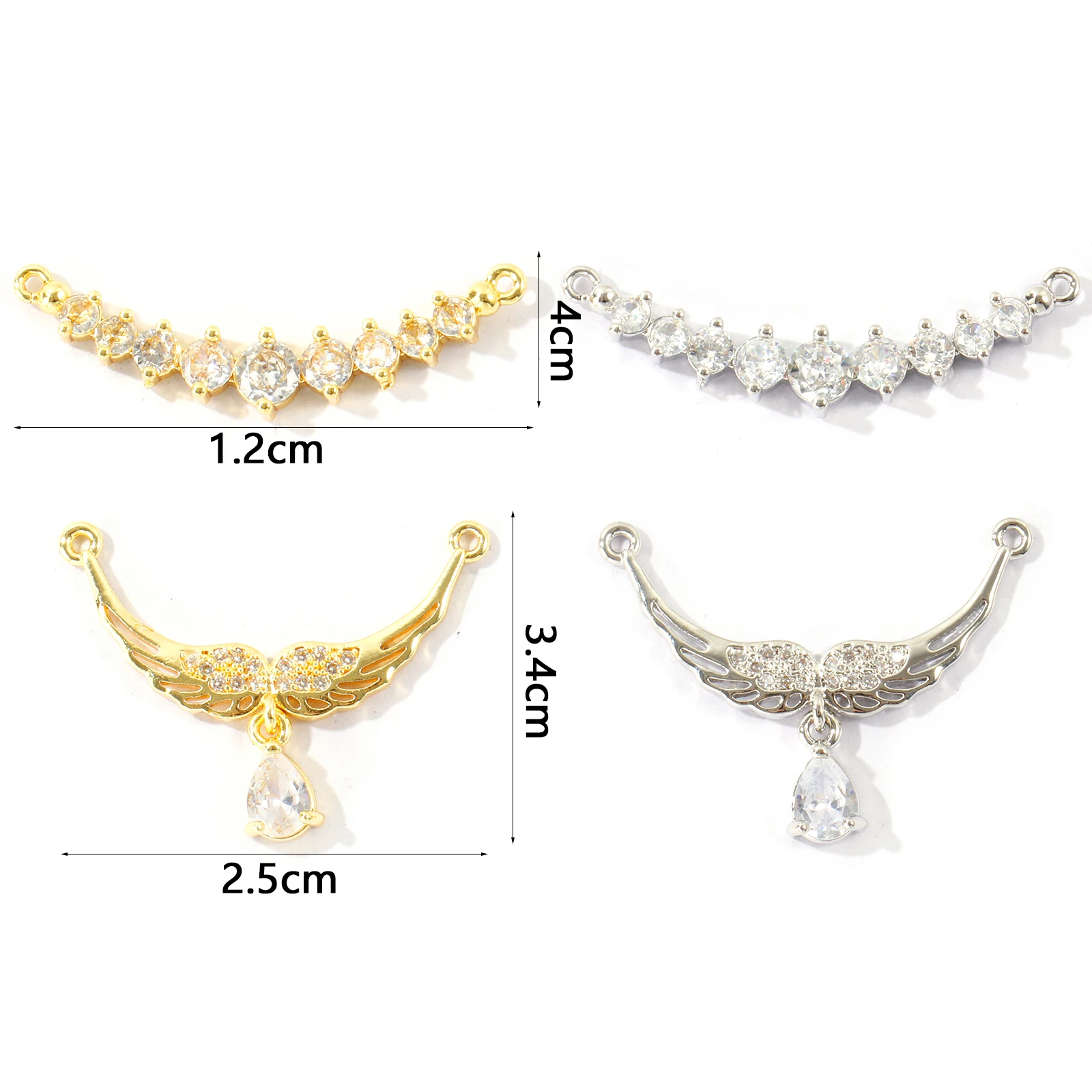 2Pcs Brass Connector Charms Clear Cubic Zirconia Curved Bar Angel Wing Pendant for Women DIY Necklace Jewelry Making Supplies