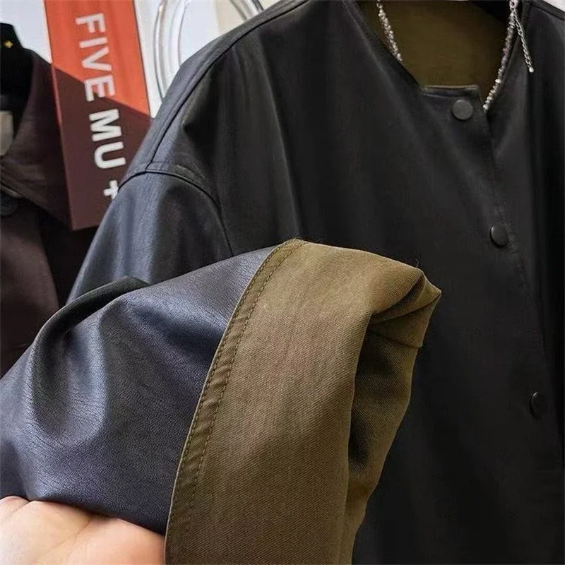 Jaquetas femininas cardigan solto casual feminino primavera e outono jaqueta de couro pu com pescoço redondo casaco de couro em ambos os lados