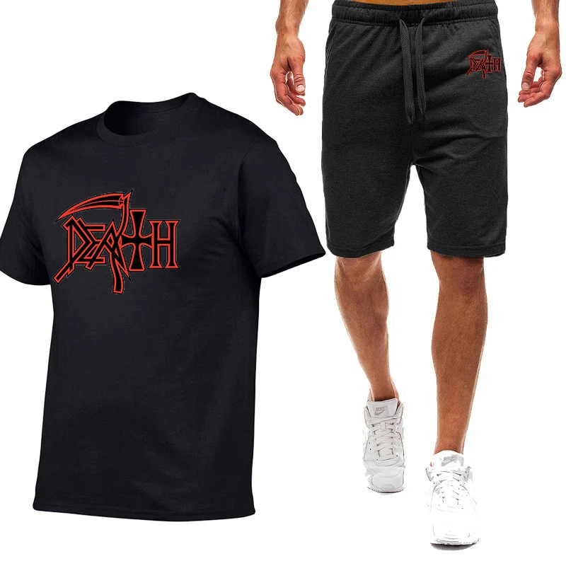 

Death Rock Band Heavy Metal Print Summer Mens Suit Fashion Casual Sportswear Suit Short Sleeve Cotton T-shirt shorts 2-piece set