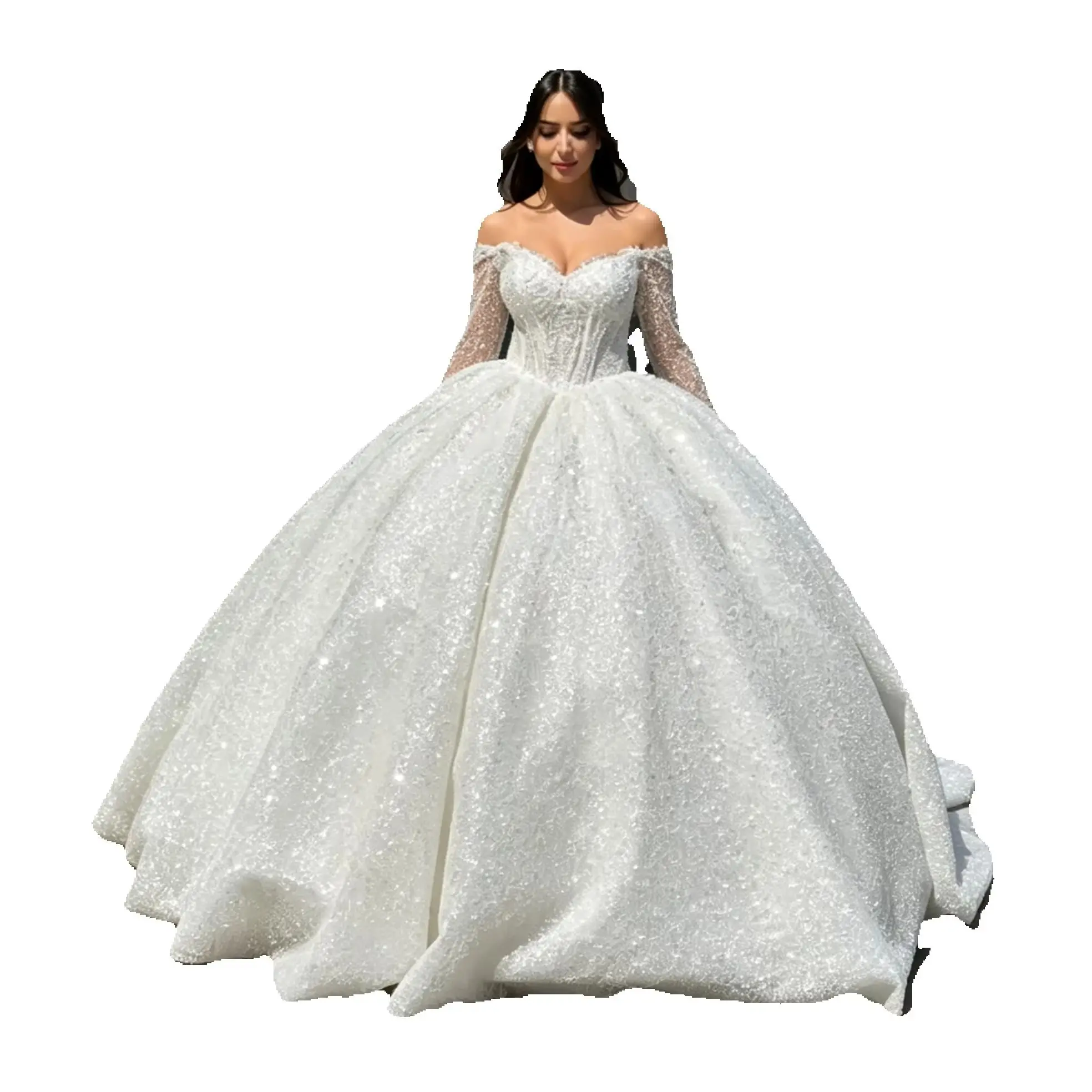 Maßgeschneidertes Sweetheart Off-Shoulder Langarm Ballkleid Hochzeitskleid Elegantes Glänzendes Flauschiges Prinzessinnen A-Linien Brautkleid