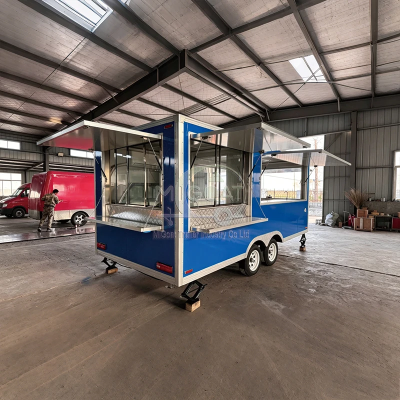 

Street Fast Food Mobile Trailer Custom Blue Equipped Food Serving Kitchen Cart