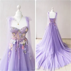 Cathy Purple Flowers Embroidery Party Dresses Bow A-line Strapless vestidos de noiva Mesh Fabric Floor-Length Evening Dresses