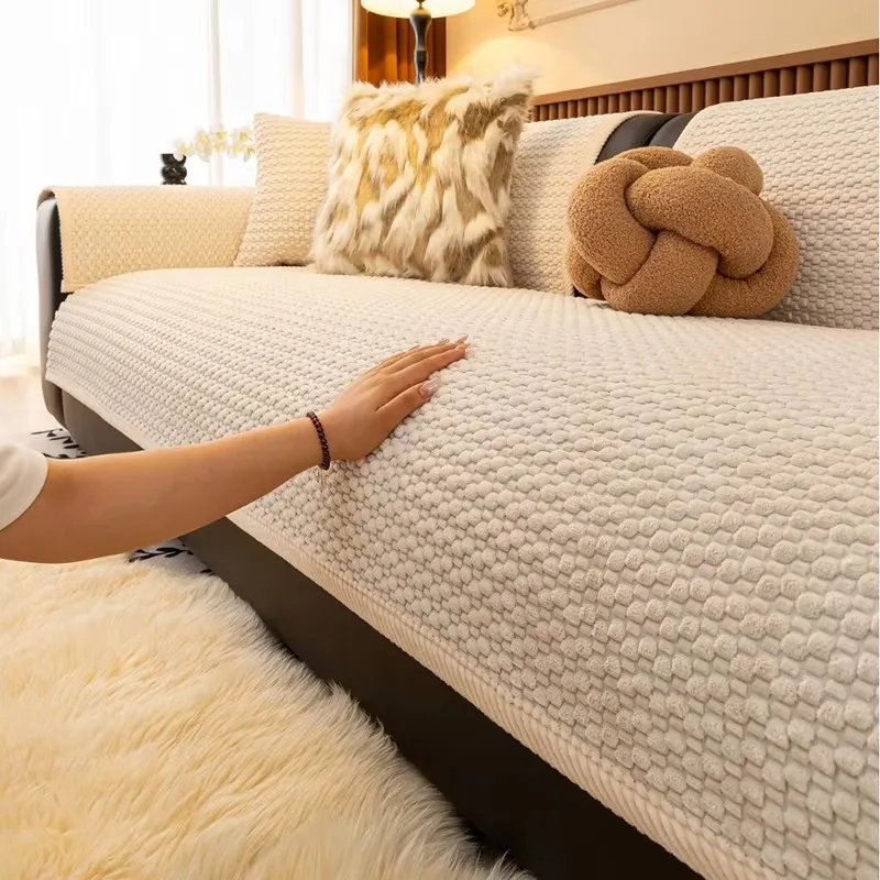 Winter Warm Solid Color Corduroy Sofa Cushion Cover, Soft Non-Slip Universal Fit Couch Pad Living Room Office Furniture Decor