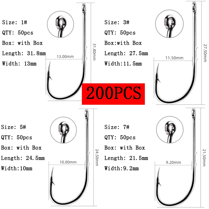 200pcs/box Fishhooks Mixed Size 1# 3# 5# 7# Hook Long Shank Double Bait Holder Barbed Fishing Hooks for Beach And Live Bait