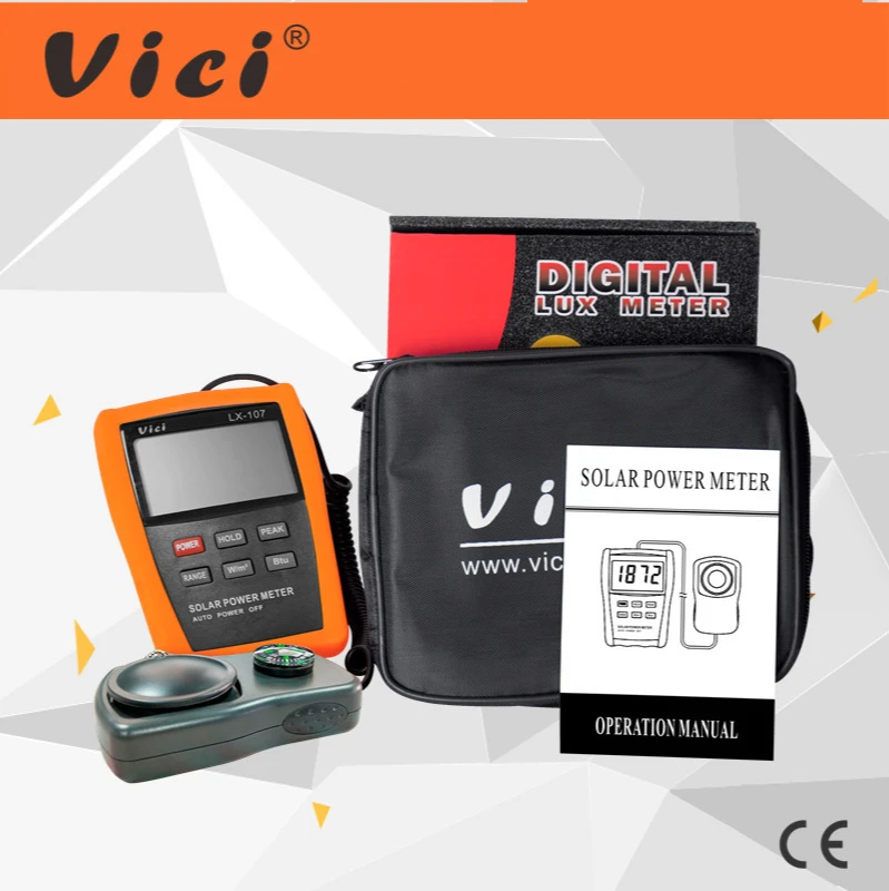 

Vici Solar Power Meter LCD BTU Light Radiation Tester Compass Optical Solar Research Glass Light Intensity Data Peak Hold LX107