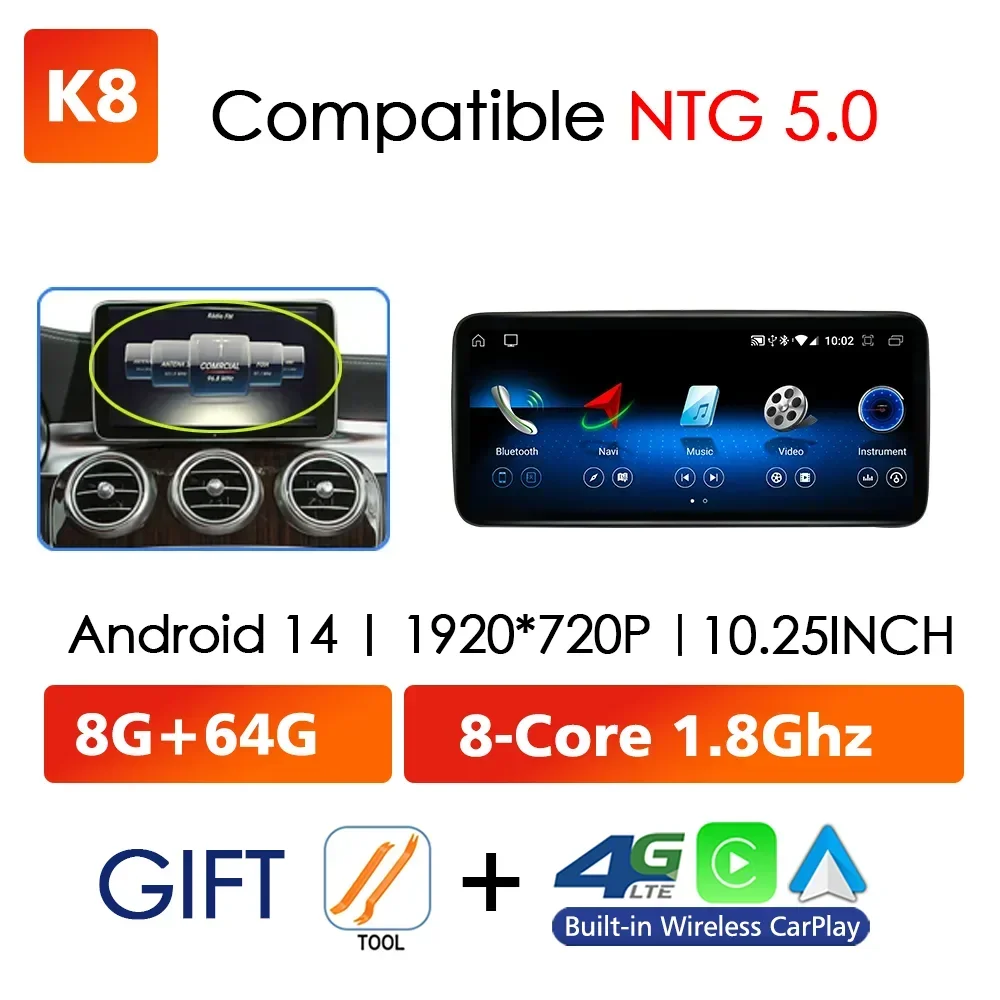 Android 14 Draadloze CarPlay voor Mercedes Benz C-Klasse W205 GLC X253 2014-2018 Autoscherm Radio Multimedia Navigatie GPS 4G WiFi